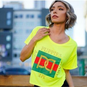 NWOT Luxxi Puppy Neon Yellow Crop Tee Size Large